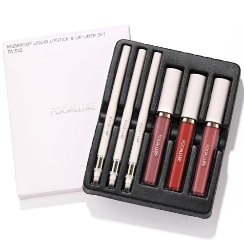 FOCALLURE KISSPROOF 6Pcs Liquid Lipstick & Lip Liner Set - Highly Pigmented Lip Gloss & Matte Lip Crayons with Sharpener - Rouge Lip Makeup Gift for Women
