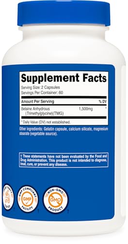 Nutricost Betaine Anhydrous Capsules - 1500mg - 750mg Per Cap - 120 Capsules - Gluten-Free & Non-GMO