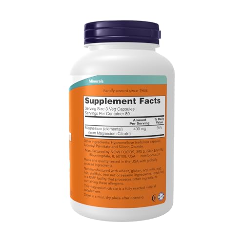NOW Foods Magnesium Citrate 240 Veg Capsules - High Absorption Formula for Sleep & Muscle Support