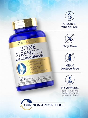 Carlyle Bone Strength Calcium Complex - with Vitamin D3, Magnesium, K2, Zinc & Boron - 120 Capsules | Non-GMO, Gluten Free