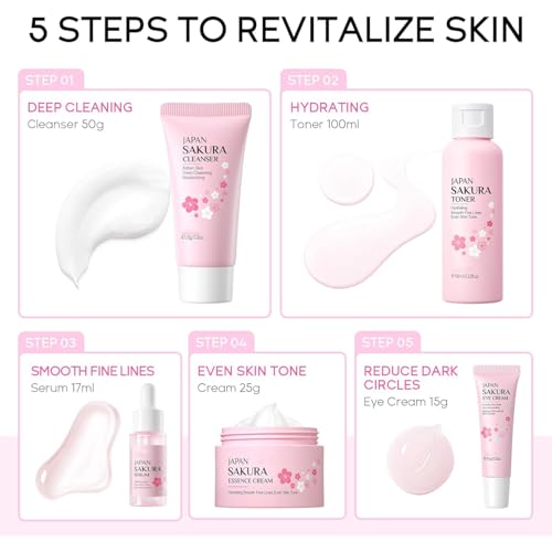 SAKURA 5-Piece Skin Care Gift Set for Women - Cleanser, Toner, Serum, Eye & Face Cream