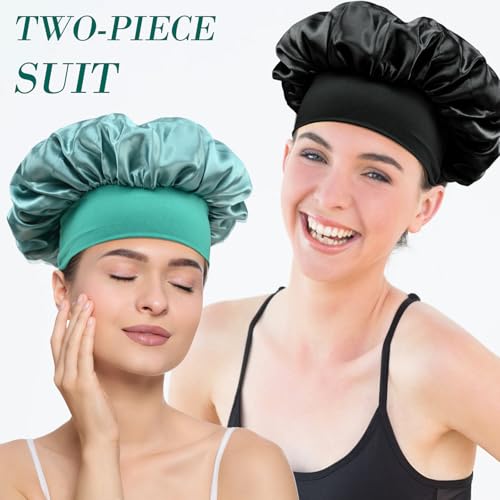 2 Pcs Silk Bonnet for Women - Curly Hair Shower Cap with Elastic Band (Green & Black)