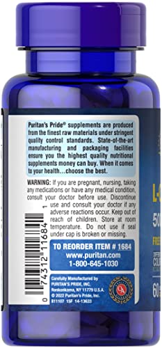 Puritan's Pride L-Carnitine 500mg Capsules - 60 Count for Muscle Recovery