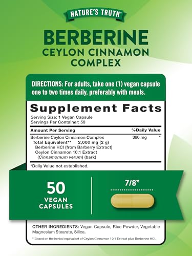 Nature's Truth Berberine Ceylon Cinnamon Blood Sugar Support Complex, 2000 mg, 50 Capsules