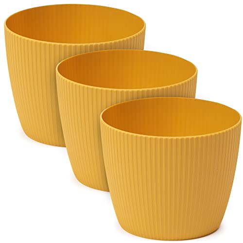 3-Pack Matte Mustard Plastic Flower Pots (16cm Diameter) - Large Decorative Herb Planters