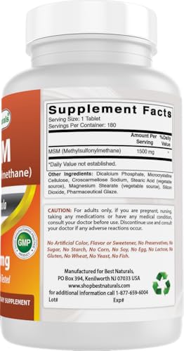 Best Naturals MSM 1500mg - Joint, Skin & Hair Health - 180 Tablets