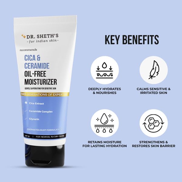 Dr. Sheth’s Cica & Ceramide Oil-Free Face Moisturizer - Deep Hydration & Moisture Lock for Sensitive Skin - 50g