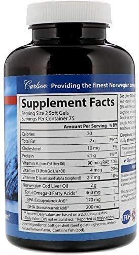 Carlson Labs Cod Liver Oil Gems - Natural Lemon Flavor, 460mg, 150 Soft Gels