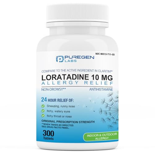 Puregen Labs Allergy Relief Loratadine 10mg 300 Tablets - 24 Hour Non-Drowsy Antihistamine