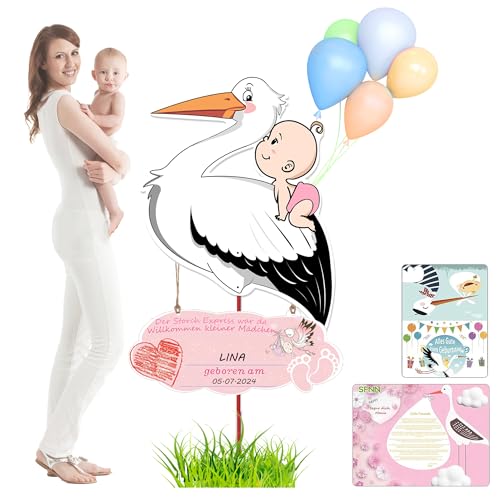 Large 158cm Wooden Stork Outdoor Birth Announcement Sign (Pink Rattle) - Welcome Home Decor