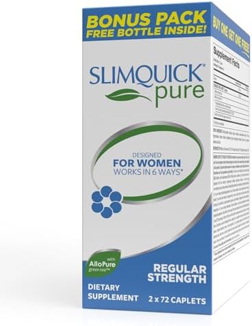 Slimquick Pure 3x Regular Strength Pills for Women to Help Achieve Weight Goals, Helps Metabolism, Lose Excess Water, Keeps Full for Longer with AlloPure Green Tea, Caffine, Caste Tree - 2x72 Capsules