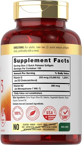 Carlyle Vitamin K2 + D3 | 200 mcg K2 MK7 & 250 mcg D3 | Non-GMO, Gluten Free | 300 Softgels