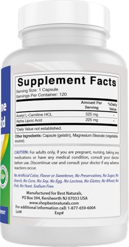 Best Naturals Acetyl L-Carnitine & Alpha Lipoic Acid 750mg - 120 Capsules