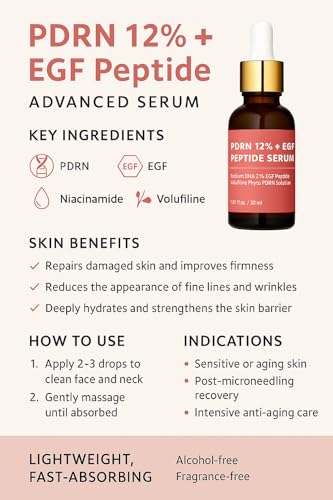 PDRN 120,000 ppm EGF Peptide Microneedling Serum – Anti-Aging with Volufiline, Salmon DNA & Phyto PDRN 12% 1 Fl Oz