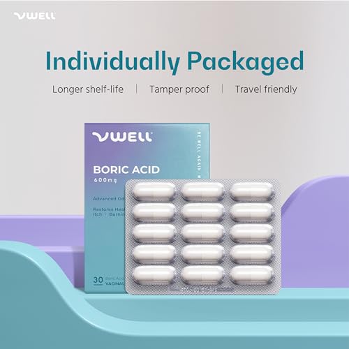 VWELL Boric Acid Suppositories 30 Count - Balances Healthy pH & Microbiome - Controls Odor, Itching, Burning, Irritation