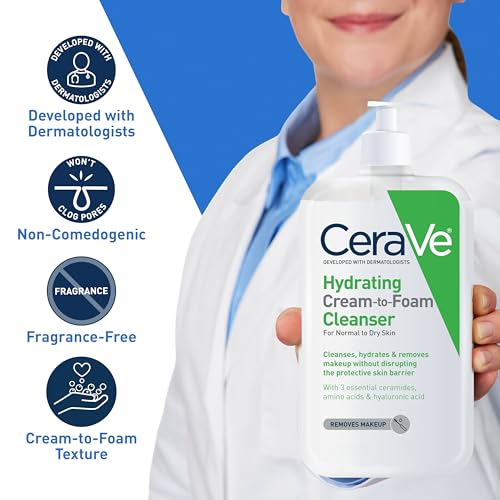 CeraVe Hydrating Cream-to-Foam Cleanser 19floz – Daily Makeup Remover and Face Wash with Hyaluronic Acid, Fragrance Free, Non-Comedogenic