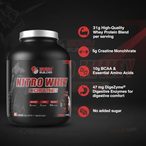 Body Builder Nitro Whey Protein Powder - 31g Whey Protein with Creatine Monohydrate, BCAA & Digestive Enzymes - Gluten-Free, No Added Sugar - Chocolate, 4 LB