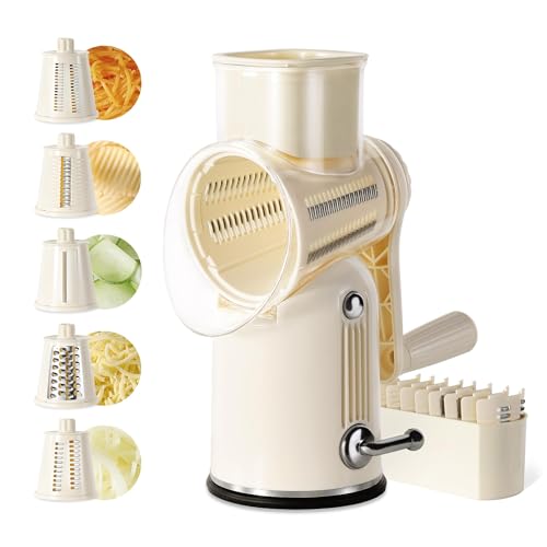 5-in-1 Manual Rotary Grater & Vegetable Slicer - Suction Base & 5 Blades