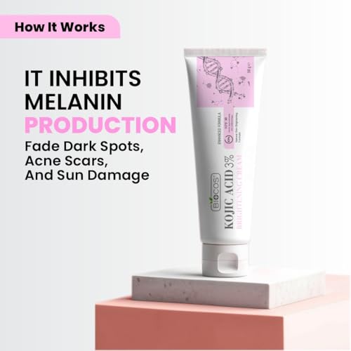 BIOCOS Kojic Acid Cream for Dark Spots & Hyperpigmentation - With 1 Free Cream - Skin Brightening & Acne Scar Removal with Glycolic Acid, Aloe Vera & Vitamin B5 - 50gm