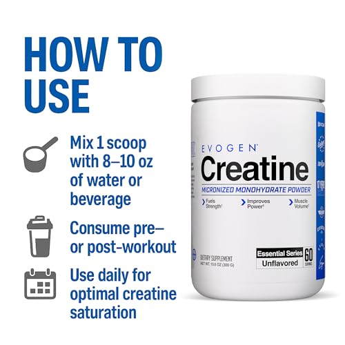Evogen Creatine Monohydrate Powder - Micronized for Men & Women | Pure Strength & Recovery Supplement | Unflavored 60 Servings