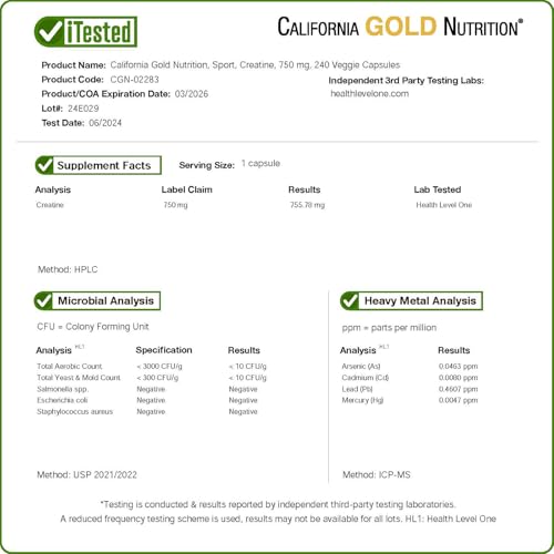 California Gold Nutrition Creatine Monohydrate - 750mg Veggie Capsules - 240 Count
