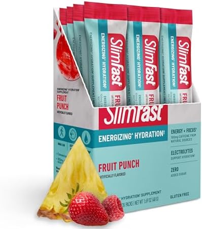 SlimFast Hydration Packets, Intermittent Fasting Electrolytes, Energy Powder Drink Mix, Caffeine from Natural Sources- Fruit Punch (12 Count)