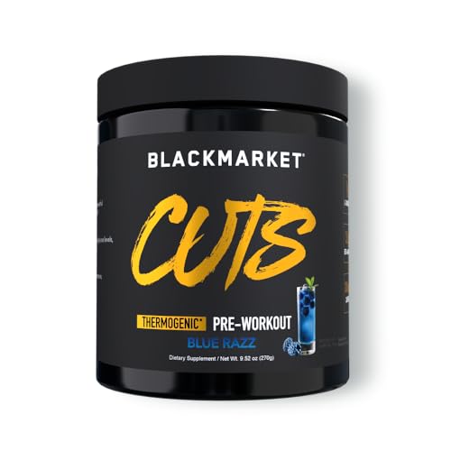 BlackMarket CUTS Pre Workout Flavored Energy Powder Drink Mix for Men & Women - Muscle Definition, Fat Burning, Thermogenic, Creatine Free (Blue Razz, 30 Servings)
