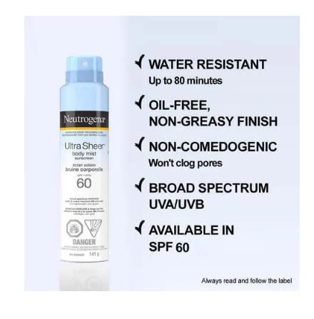 Neutrogena Ultra Sheer SPF 60 Body Mist Sunscreen Spray - Sky Purple (Pack of 3) - 141g Each