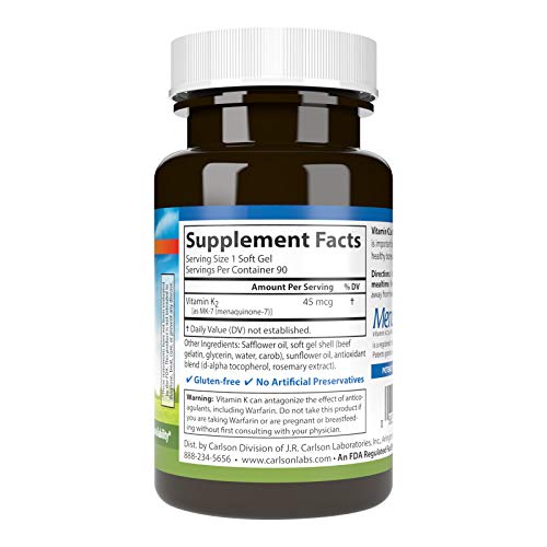 Carlson Labs Vitamin K2 MK-7 45 mcg - 90 Soft Gels | Bone & Heart Health
