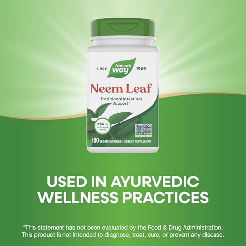 Nature's Way Herbal Neem Leaf, Traditional Intestinal Support*, Used in Ayurveda, 950 mg per 2-Capsule Serving, Non-GMO Project Verified, Vegan, 100 Capsules (Packaging May Vary)