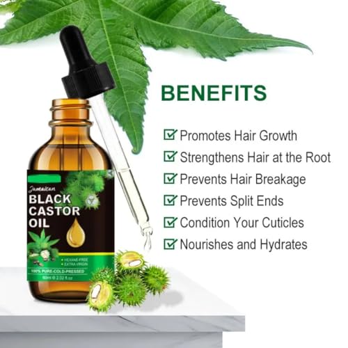 Jamaican Black Castor Oil 100% Pure Cold-Pressed Organic for Hair Growth, Eyelashes, Eyebrows & Scalp - Natural Hydrating Oil for Skin, Split Ends & Body Massage - Vegan, Cruelty-Free 60ml