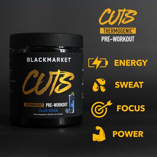 BlackMarket CUTS Pre Workout Flavored Energy Powder Drink Mix for Men & Women - Muscle Definition, Fat Burning, Thermogenic, Creatine Free (Blue Razz, 30 Servings)