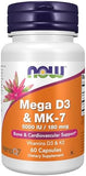 NOW Foods, Mega D-3 & MK-7, 5,000 IU / 180 mcg, 60 Capsules