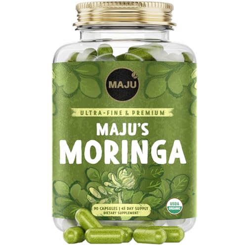 Maju Superfoods Organic Moringa Capsules, Oleifera Leaf Extract, Dried Drumstick Tree Leaves, Premium Plant-Based Supplement (90 ct)
