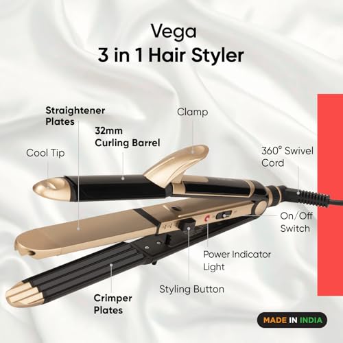 VEGA 3-in-1 Multi-Functional Hair Styler: Straightener, Curler & Crimper in Black (VHSCC-01)