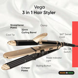 VEGA 3-in-1 Multi-Functional Hair Styler: Straightener, Curler & Crimper in Black (VHSCC-01)