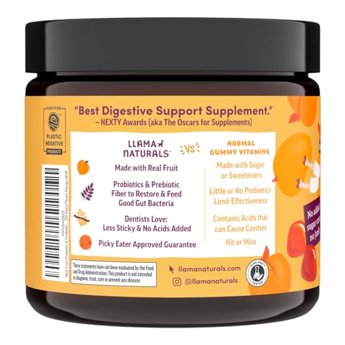 Llama Naturals Kids Prebiotic & Probiotic Gummies - Peach Mango, 60 Count, Vegan & Organic
