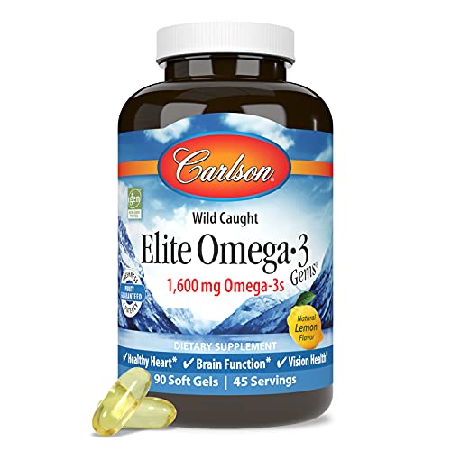 Carlson Labs Elite Omega-3 Gems Fish Oil 1250mg - 90 Softgels - High Potency - Heart & Brain Support