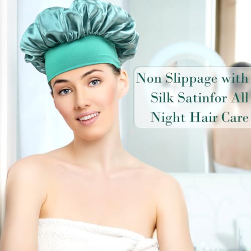 2 Pcs Silk Bonnet for Women - Curly Hair Shower Cap with Elastic Band (Green & Black)