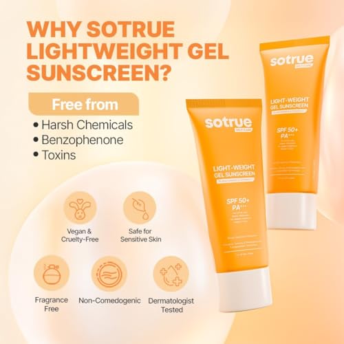 Sotrue Face Gel Sunscreen SPF 50+ PA+++ - Lightweight Gel with 1% Niacinamide & Vitamin C, No White Cast, Water-Resistant, 50ml