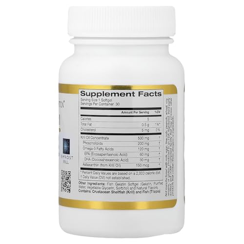 California Gold Nutrition Antarctic Krill Oil - Omega-3 Phospholipids with EPA, DHA & Astaxanthin - Strawberry & Lemon Flavor - 500 mg, 30 Softgels
