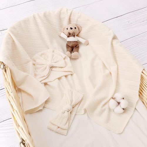 SYOSI Newborn 3-Piece Cotton Swaddle Set - Blanket, Hat & Headband
