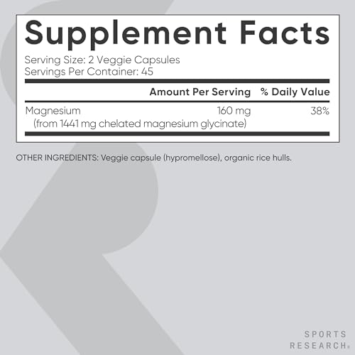Sports Research Chelated Magnesium Glycinate 160mg (90 Vegan Capsules)