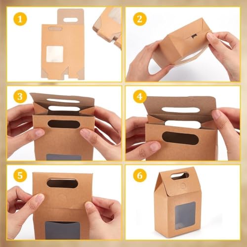 GMQG Brown Kraft Stand Up Gift Bags with Window & Bow - 12 Pack