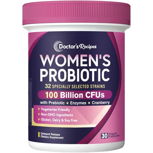Doctor's Recipes Probiotics for Women - 100 Billion CFU 32 Strains with Prebiotic Fiber, Enzymes & Cranberry | Urinary Digestive & Immune Support | 30 Capsules