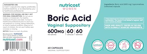 Nutricost Boric Acid 600mg Capsules - 60 Count | Vaginal Suppository for Women | Non-GMO