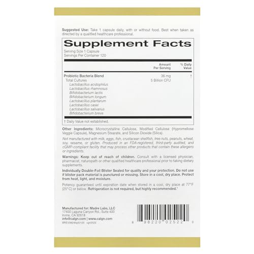 California Gold Nutrition LactoBif 5 Probiotics 5 Billion CFU 120 Veggie Capsules