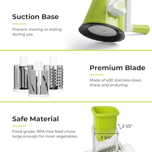 X Home Rotary Cheese Grater & Vegetable Slicer - 3 Blades, Green