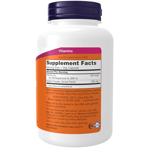NOW Vitamin K-2 Veg Capsules - 100 Mcg, 250 Count for Bone & Heart Health