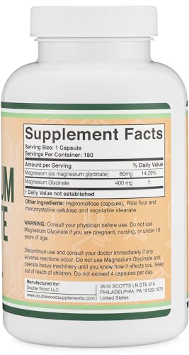 Double Wood Supplements Magnesium Glycinate 400mg - 180 Capsules - Vegan Safe, USA Made - High Absorption Formula